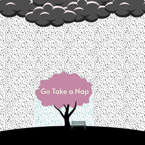 The cover for Operator's "Go Take a Nap" single, showing a pink tree with "Go Take a Nap" text, under dark rain clouds, shelters a bench. Raindrops fall around, creating a calm, surreal scene.
