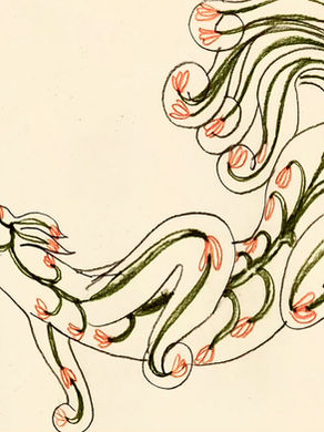 The cover for Deniz Cuylan's "For Shirasu" single, showing an abstract green animal drawing with pink buds on a cream background, flowing in looping curves and a delicate mood.