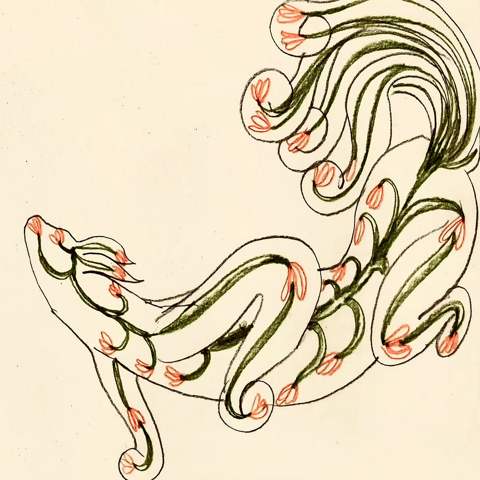 The cover for Deniz Cuylan's "For Shirasu" single, showing an abstract green animal drawing with pink buds on a cream background, flowing in looping curves and a delicate mood.