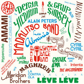 The cover for Bongo Joes compilation, 2015-2025 : Les Disques Bongo Joe - 10 Years of Sonic Explorations, showing a colorful typography design listing various band names in green, red, blue, and brown on a white background. Circular arrangement creates a dynamic feel.