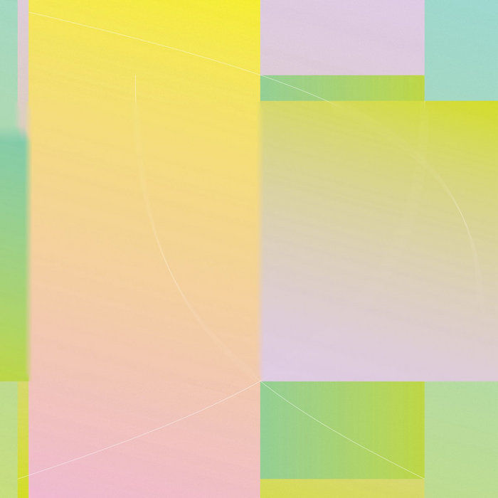 The cover for Ecovillage's Crescendo album. It show and abstract image with pastel geometric shapes in yellow, pink, green, and purple. Curved white lines add dynamic movement.
