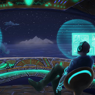 The cover for Binar Dhal's Talos EP, showing a man in a neon-lit spaceship cockpit gazing at distant, snow covered mountains on a distant planet, and a glowing green holographic display under a starry sky.