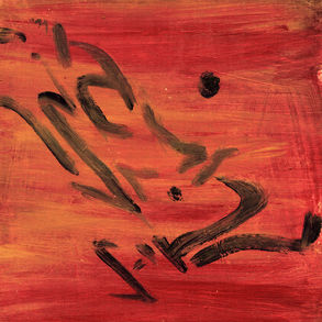 The cover for Waz-u’s, "Vermillion: G major" featuring G9 LUV and Lilyg, showing an abstract painting with black brushstrokes on a red-orange background, creating a dynamic and expressive mood.