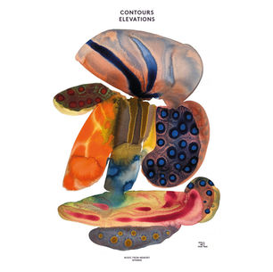 The cover art for Cumbrian producer and DJ Tom Burford aka Contours' Elevation album, showing abstract shapes in vivid colors: orange, blue, red, yellow. Text "CONTOURS ELEVATIONS" at top. Artistic, watercolor style.