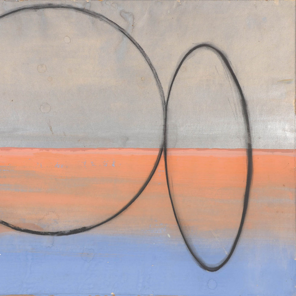 The cover for Abel Ghekiere's, In De Verte, Dit Uitzichtbstract album, showing an abstract painting with two overlapping black circles on a gray background, split by orange and blue horizontal bands. Minimalist and serene mood.