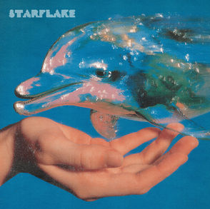 The cover art for Austin band, Starflake's selt-titled albul, showing a hand holding a shiny dolphin against a blue background, with STARFLAKE text in the top left.