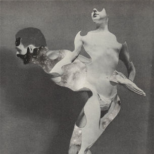 The cover for Danish ambient electronic producer øjeRum's,  "arthur & jermias" track, showing a surreal collage of a fragmented human figure with cosmic patterns. The background is a textured gray, evoking a dreamlike atmosphere.