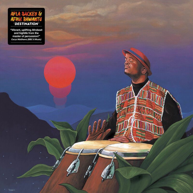 The cover of Afla Sackey & Afrik Bawantu's Destination album, showing a painted picture of Afla Sackey playing bongos under a vibrant sunset, wearing a colorful vest and hat. Lush green leaves surround them with a serene expression.