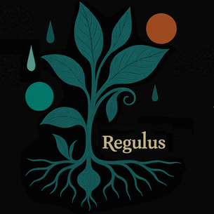 The cover for Alucuo's "Regulus" single, showing a stylized teal plant with roots on a black background, orange and green circles, and droplets. "Regulus" text displayed. Minimalist design.
