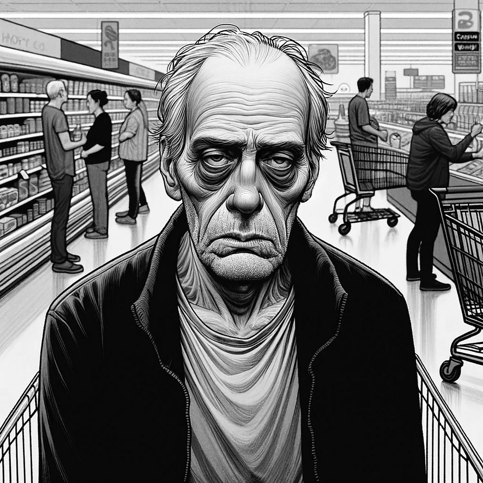 The cover for Dave Wesley's Non-linear Characteristics album, showing a grayscale close-up of a sad elderly man in a supermarket cart aisle, with shoppers and carts behind him under bright store lights.