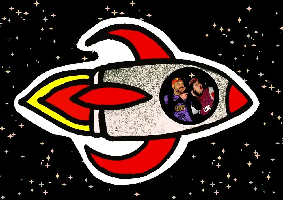 Cartoon rocket with vibrant red and yellow fins travels through a starry sky. Monsieur et Madame LoOps are inside, wearing colorful outfits.