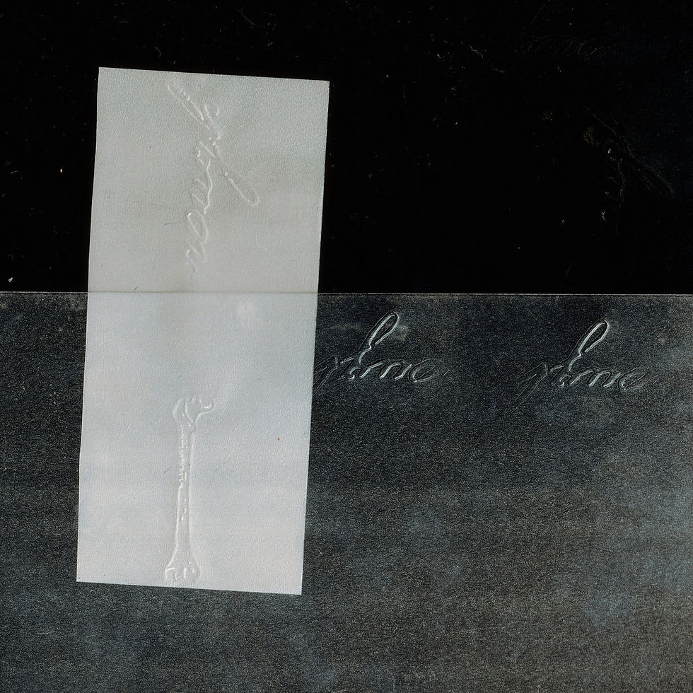 The cover for Imani Sharp aka Imani's debut EP,  rough. It show's white paper on a dark background with embossed cursive text "yours" and "yours" repeated. The image has a textured, moody appearance.