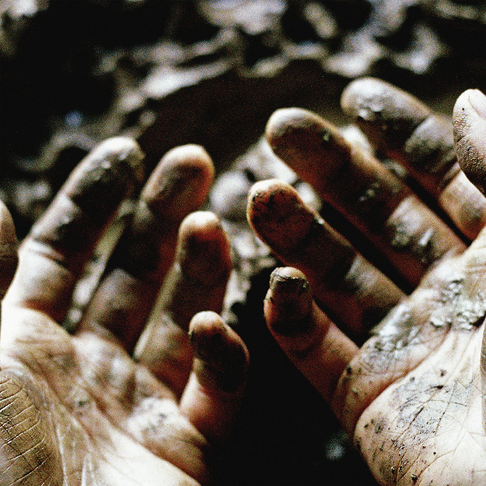 The cover for Dis Fig's What To Make Of These Mortal Hands album, showing a close-up of two dirty cupped hands reaching together against a dark background, gritty and tense mood.