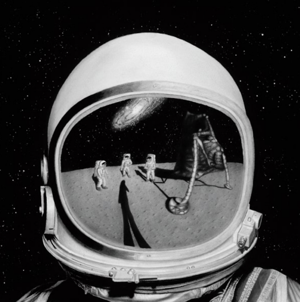 The cover for German jazz trio, Yamirah's Solar Explorers, "Ode To Jürgen" single, showing a reflection in an astronaut helmet showing three astronauts on the moon near a lander. Starry background in black and white creates a serene mood.