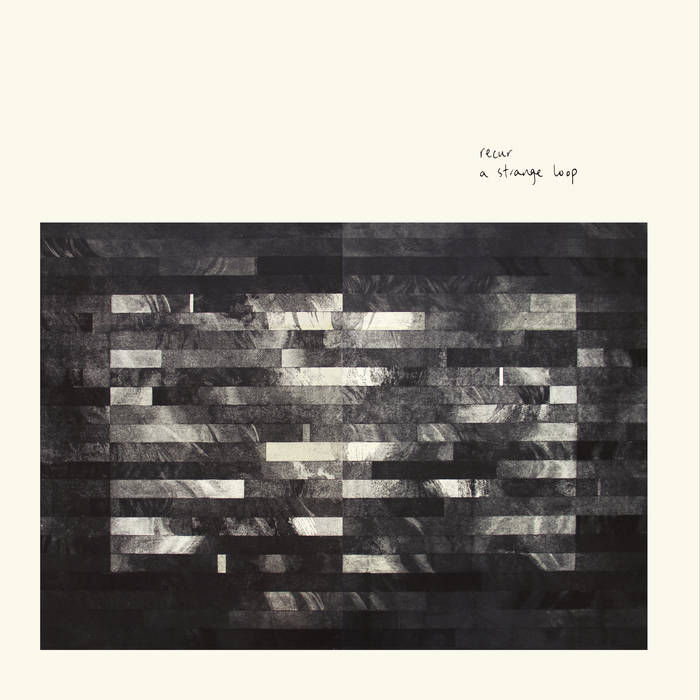 The cover for Recur's A Strange Loop album, showing abstract art with dark horizontal stripes against a light background. Text on top right reads "recur a strange loop." Moody and textured.