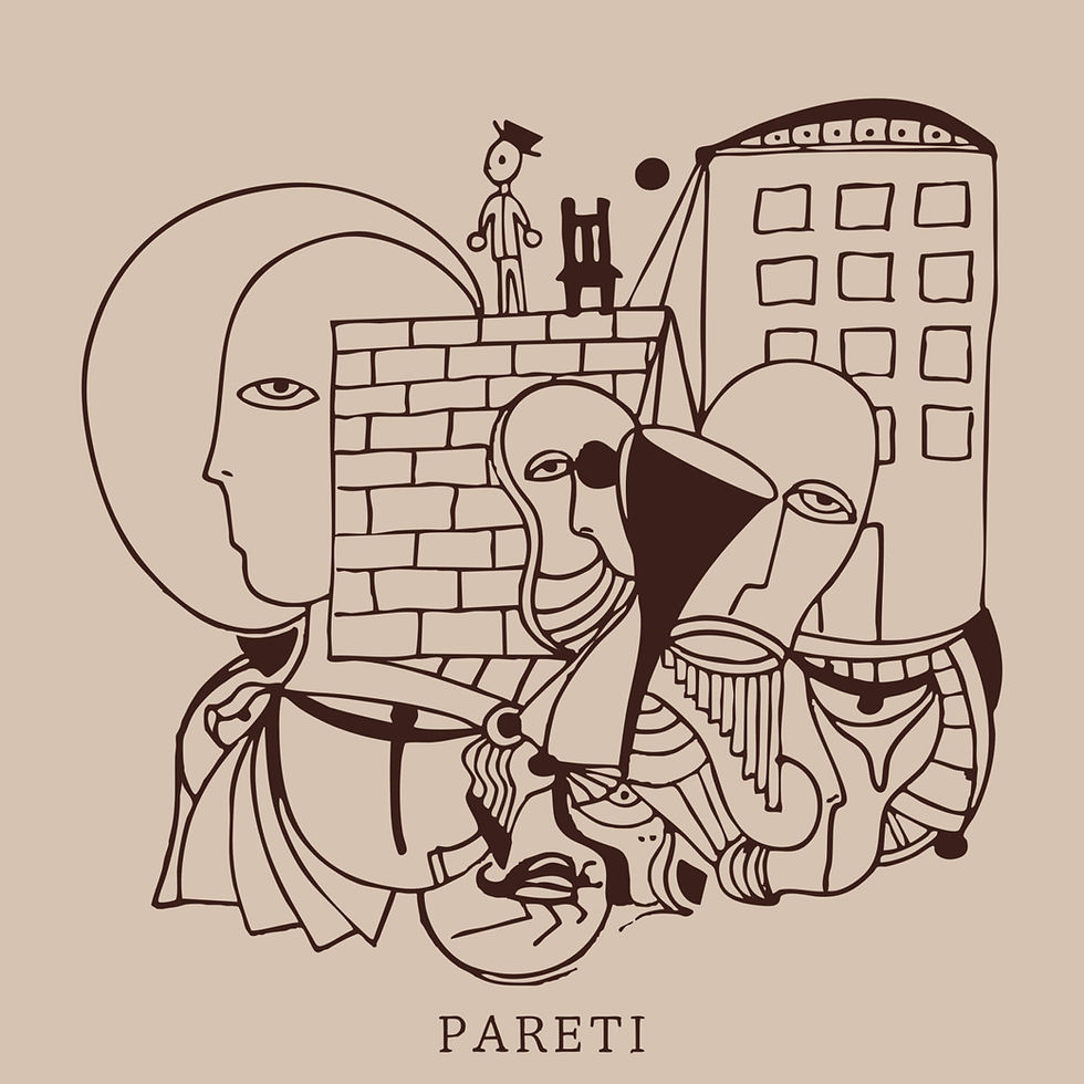 The cover for Orange and Mountain's Pareti album, showing an abstract drawing featuring faces, geometric shapes, and a small figure on a wall. Earth tones and the word 'PARETI' at the bottom.