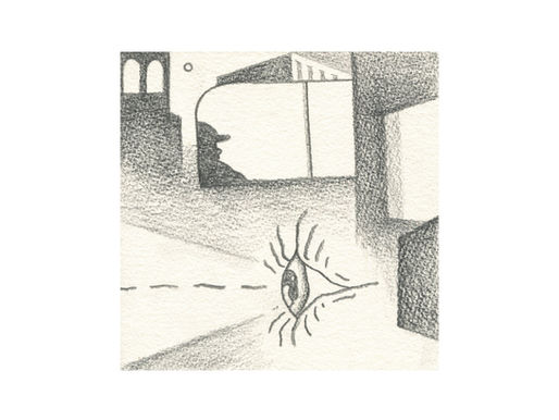 This is the cover for Brandon De La Cruz's, "New Signs" single, showing an abstract, black and white pencil drawing with geometric shapes and a psychedelic eye in the centre. A silhouette profile of a person in a cap is seen in the background.