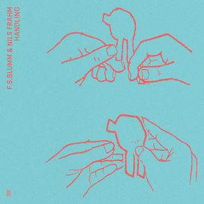 The cover for F.S. Blumm & Nils Frahm's Handling album, showing hand drawn hands outlined in red on blue, assembling a paper figure. Text: "F.S. Blumm & Nils Frahm" and "Handling." Simple, artistic design.