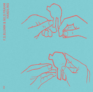 The cover for F.S. Blumm & Nils Frahm's Handling album, showing hand drawn hands outlined in red on blue, assembling a paper figure. Text: "F.S. Blumm & Nils Frahm" and "Handling." Simple, artistic design.