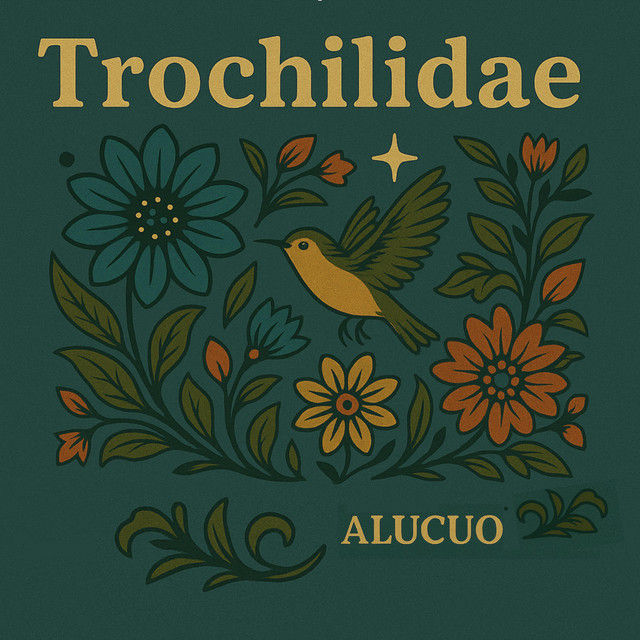 The cover art for Alucuo's Trochilidae single, showing a stylized illustration of a yellow bird amidst colorful flowers, labeled Trochilidae, with background text "ALUCUO." Rich green backdrop.