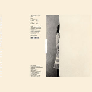 The Humble Bee & Offthesky's Here In, Absence album cover with small text, barcode, and a grayscale child peeking from behind a paper panel.