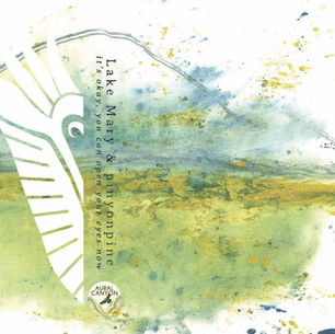 The cover for Lake Mary & Pinyonpine's it's okay, you can open your eyes now album, showing an abstract green-blue watercolor album cover with vertical text, Lake Mary & pinyon pine, and Aural Canyon logo.