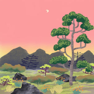 The cover for Emma Lucia and Ship Says Om's Ditt Hjärta EP, showing a stylized landscape with pink sky, crescent moon, mountains, and green trees over rocky fields with orange flowers.