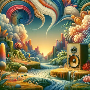 Surreal landscape with vibrant swirls, a flowing river, and large speaker. Lush plants and abstract clouds create a dreamlike atmosphere.