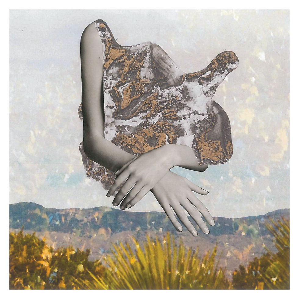 This is the cover art for Almost An Island's self titled album. It shows a surreal collage of a cut out female torso, covered in a map, with entwined hands against a blurred mountain backdrop. Earthy tones create a dreamlike atmosphere.