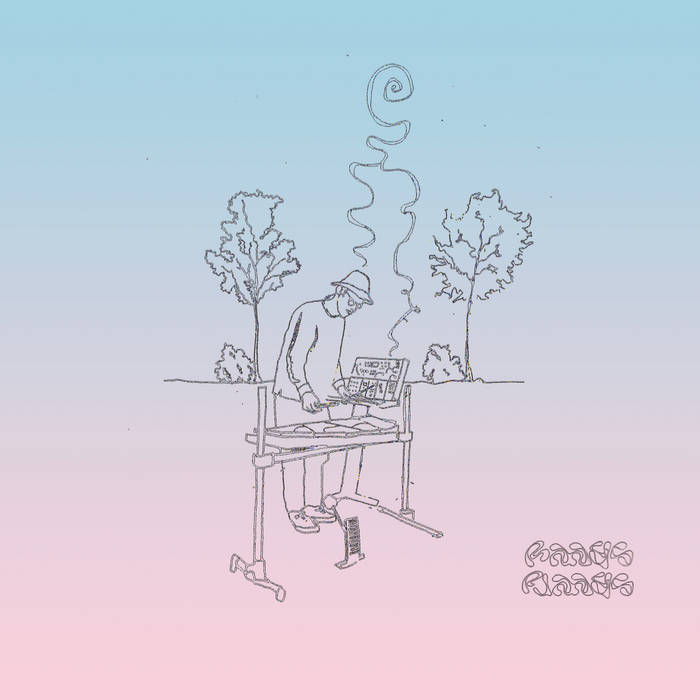 Line drawing of a electronic music producer Raays, working on a laptop at a desk outdoors, with trees in a pastel pink and blue background. Abstract text at bottom.