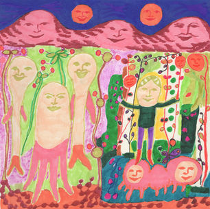 The cover art for Otto Benson's Peanut album, showing a whimsical scene with smiling figures, plant-like shapes, and grinning pink suns. Vibrant colors create a joyful, surreal atmosphere.