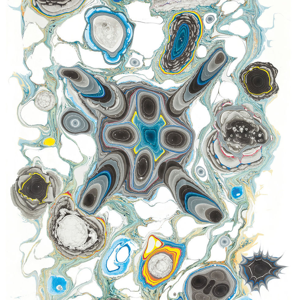 The cover for Khôra & Mas Aya's Primordial Mind album, showing abstract marbled artwork with layered blue, gray, black, and yellow organic shapes on a white background, no text