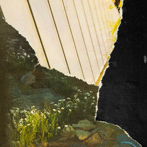The cover for arc rae and Mathhilde Vendramin's Bow and Arrow album, showing torn-paper collage of a rocky stream with white wildflowers, green grass, and cream striped paper against a black background