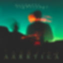 The cover for Aarktica's Ecstatic Lightsongs album, showing a blurry silhouette against a green skied rural landscape at twilight with glowing red and orange trails on and around the person. Text reads "ecstatic lightsongs" and "AARKTICA."