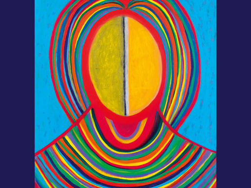 The cover for the compilation, Various Artists - Elsewhere CC on Bongo Joe Records. It shows a painted abstract portrait with an oval face, divided vertically in two halves - green and gold, surrounded by multicolored, concentric stripes on a blue background. Vibrant and surreal mood.