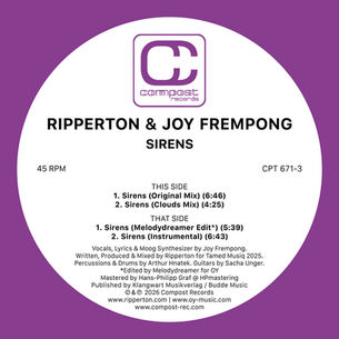 Purple-and-white record label for Riperton & Joy Frempong’s Sirens, with Compost Records logo and track listings.