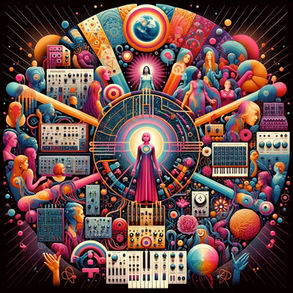 The cover for the Women in Ambient Music playlist that highlights wome producers in ambient music. It's shows a surreal illustration of a female robed figure amid vibrant, abstract female forms and electronic music equipment. Bright, cosmic colors.