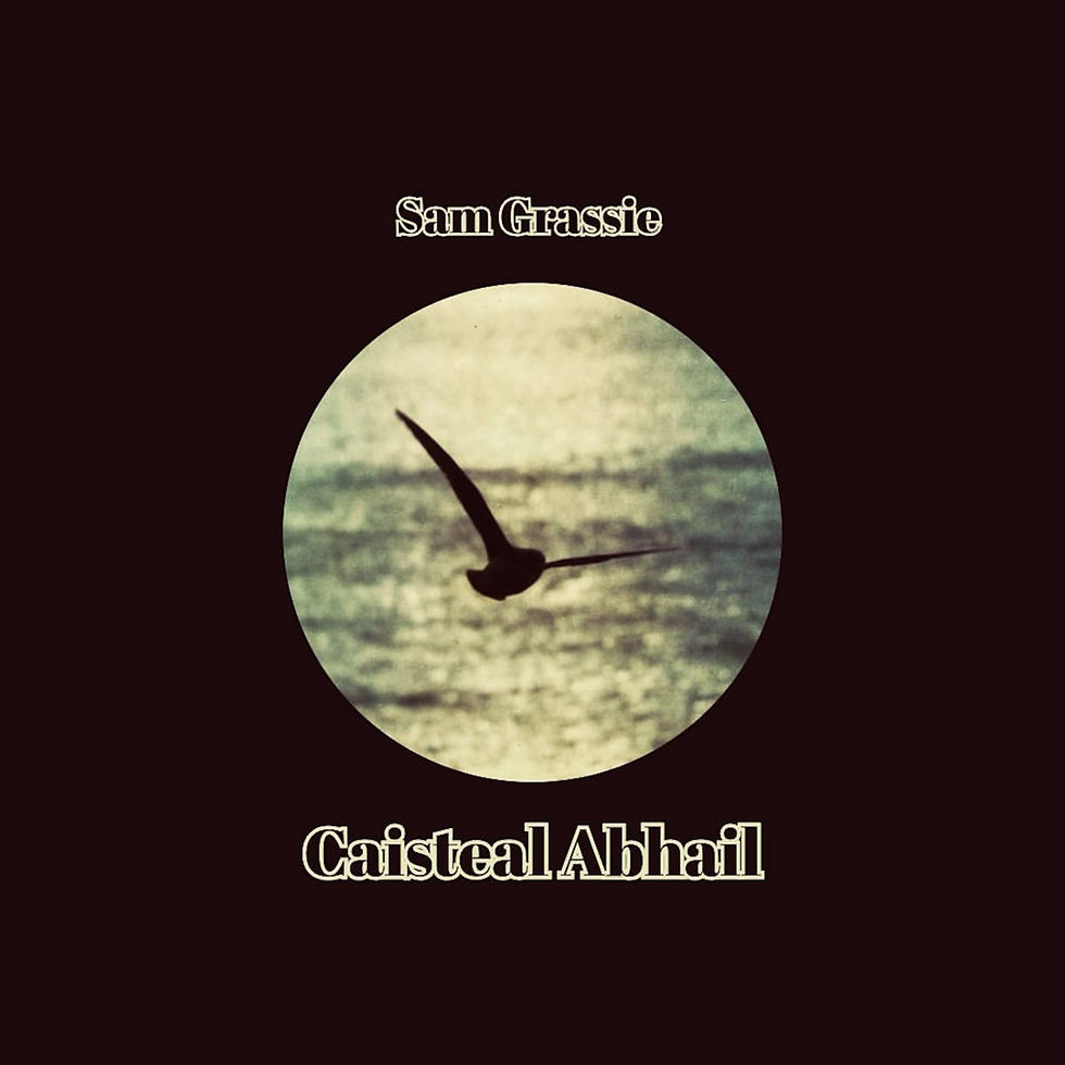 The cover for Sam Grassie's Caisteal Abhail EP, showing a silhouette of a bird flying over a shimmering sea, framed in a circular vignette. Text reads "Sam Grassie Caisteal Abhail" above and below.