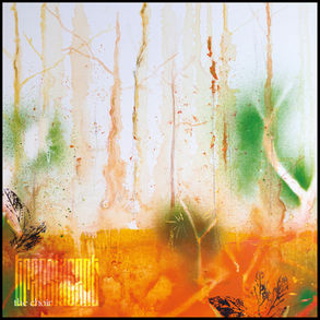 The album cover for Dan Michaels, Derri Daugherty and Steve Hindalong aka The Choir's Translucent album, showing an abstract painting with vibrant green, orange, and yellow hues blending into tree-like shapes. Text reads "the choir." Earthy and artistic mood.