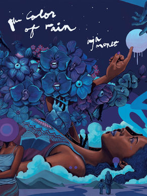 The cover for aja monet's the color of rain album, showing a surreal graffiti mural of a woman and child amid blue-purple flowers under stars, with handwritten text the colors of rain.