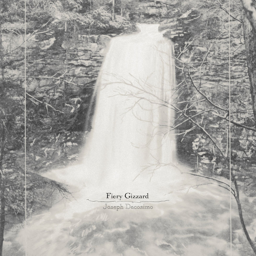 This is the cover for Joseph Decosimo's, Fiery Gizzard album. It shows a faded, time worn black and white photograph of a waterfall surrounded by trees. Text at bottom reads "Fiery Gizzard" and "Joseph Decosimo." Natural, serene mood.