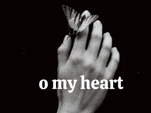The cover for Sonny Southon's, "O My Heart" single, showing a hand with a butterfly perched on the finger against a black background. White text reads "o my heart," creating a serene mood.