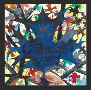 This is the cover for Max Knouse's Chimpmunk'd Away album released on the Jealous Butcher label. It's a colorful, abstract, painted artwork consisting of leaf-like shapes. There is a large blue leaf in the center being held by a hand with the artist and album names on it.