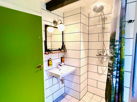 Bruseniche og vask på badeværelse i Rævehuset.
