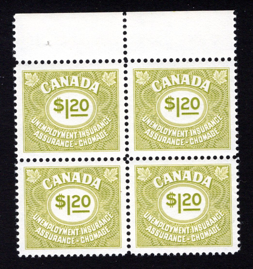 van Dam FU47, $1.20, block of 4, MNH, with tabs, 1955 Canada Unemployment