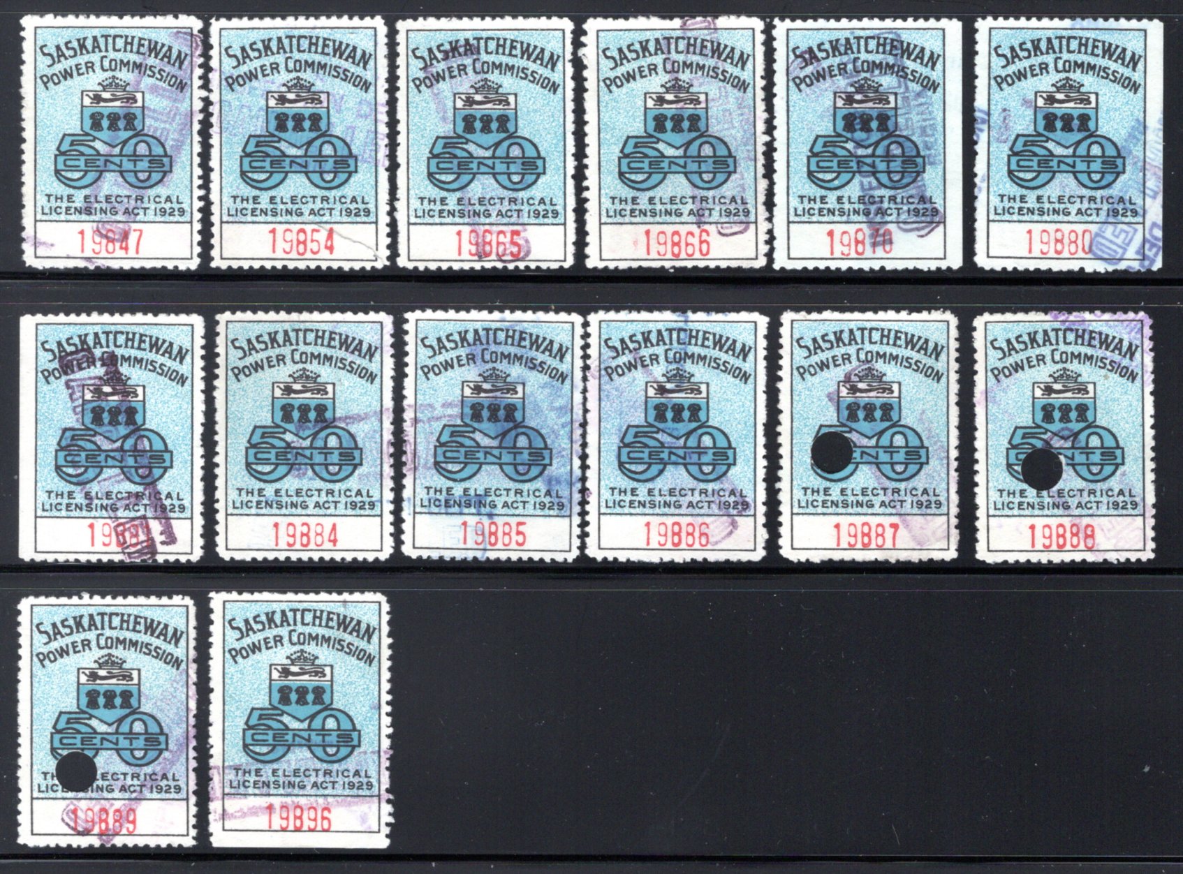 van Dam SE10a, pinperf, 50c, From Last Sheet, Saskatchewan Electrical, Canada