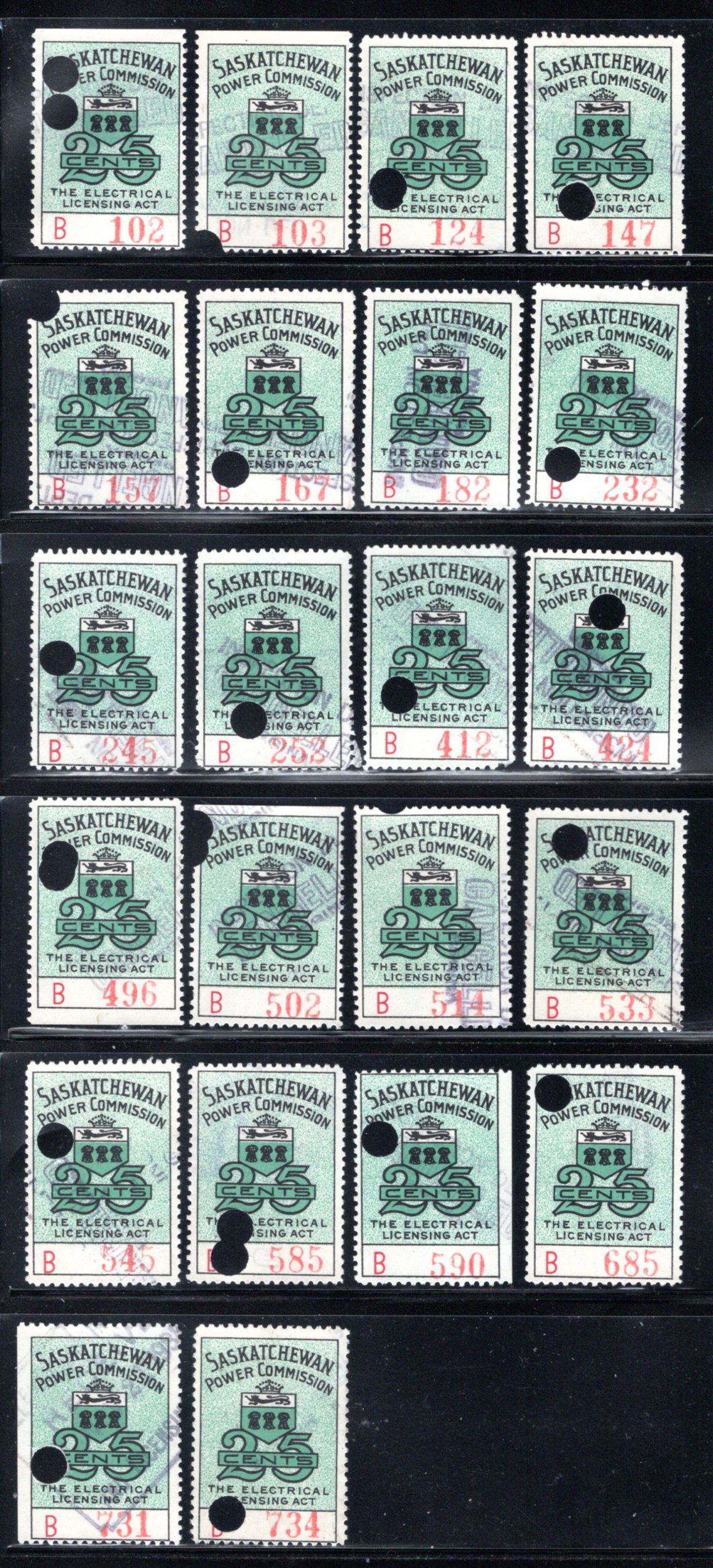 van Dam SE17, Low # Lot, Used, 25c green B, Saskatchewan Power, Canada