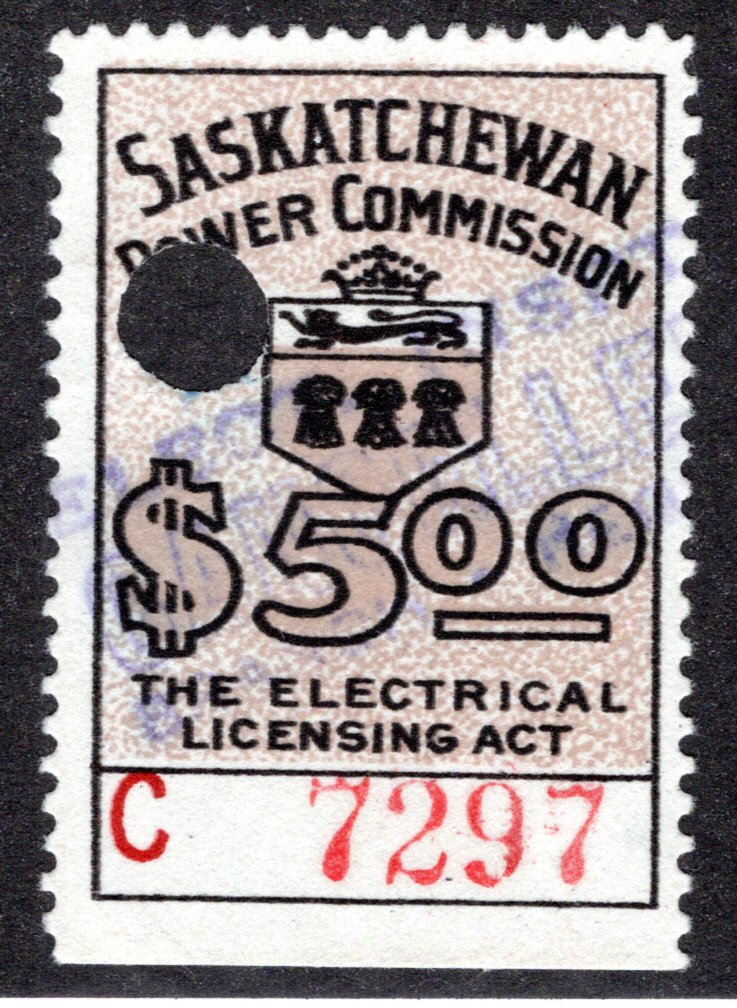 van Dam SE26a, Used, $5 Buff C,  doubled black, Saskatchewan Electrical, Canad