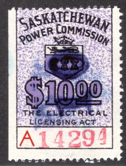 van Dam SE28d triple handstamp variety, used, 10c on $10, Saskatchewan Power, Ca