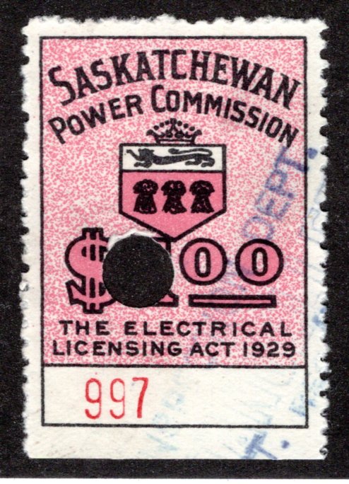 van Dam SE11a, Used, Pinperf, LOW #, 1929 Saskatchewan Electrical, Canada